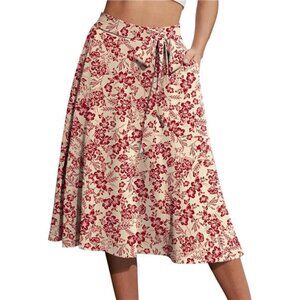 Women's A-Line Midi Skirt with Pockets High Waist Floral